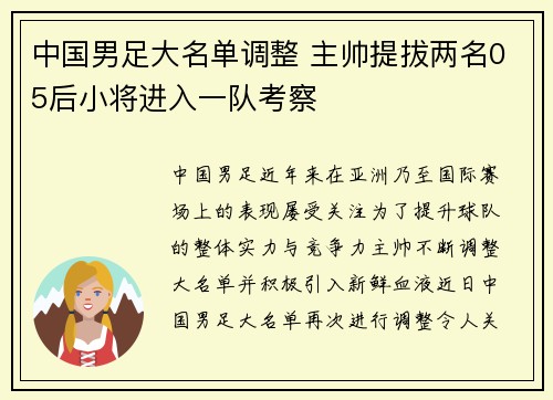 中国男足大名单调整 主帅提拔两名05后小将进入一队考察 中国男足大名单调整 主帅提拔两名05后小将进入一队考察